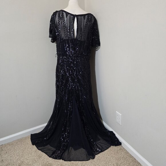 Sz 16W R&M Richards 1875 Sequined Illusion Short-Sleeve Modest A-Line Gown Navy - Picture 5 of 11